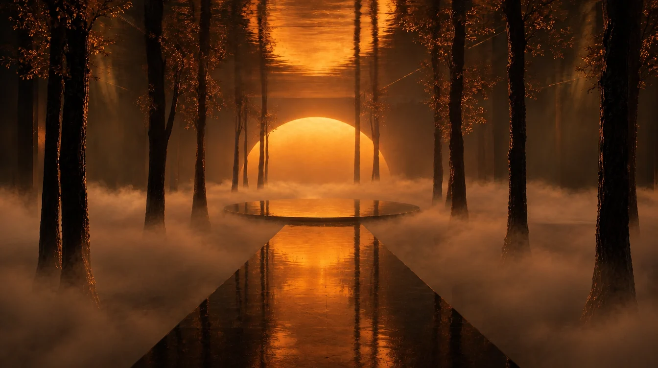 Sendero de entrada entre troncos y luz ámbar