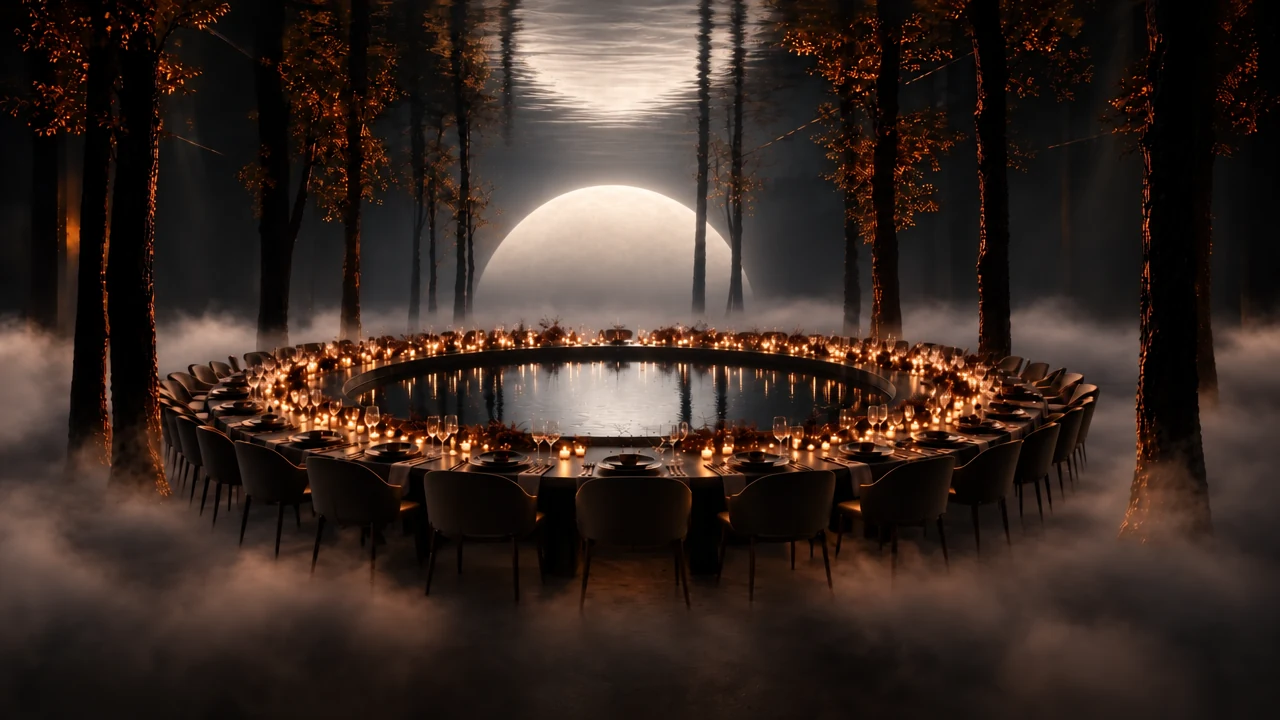 Mesa de cena junto al agua frente al medio sol plateado de NOWHERE y su arco reflejado