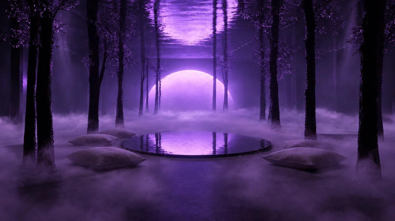 Sol violeta entre troncos sobre el agua